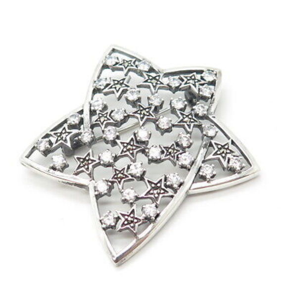 925 Sterling Silver Real Marcasite Gemstone & C Z Star Pin Brooch - Picture 7 of 8